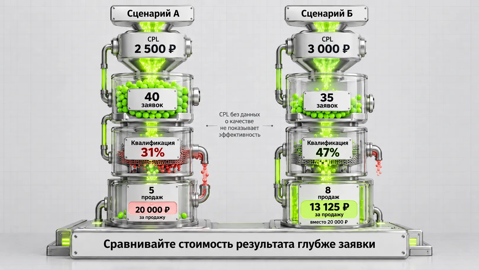 Сравнение дешёвого и более дорогого лида по квалификации, продажам и стоимости продажи