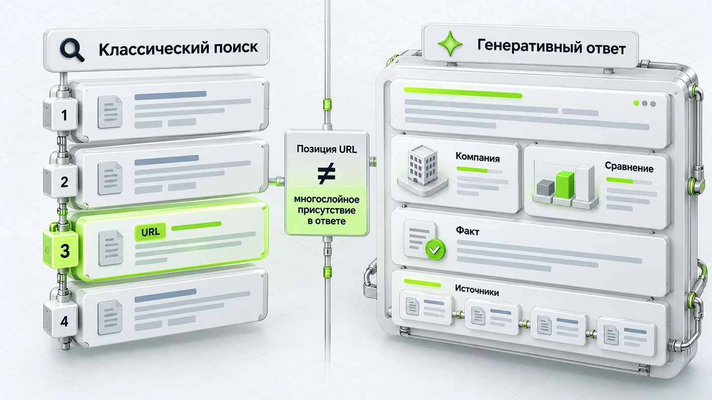 Классическая поисковая позиция и многослойное присутствие компании в генеративном ответе