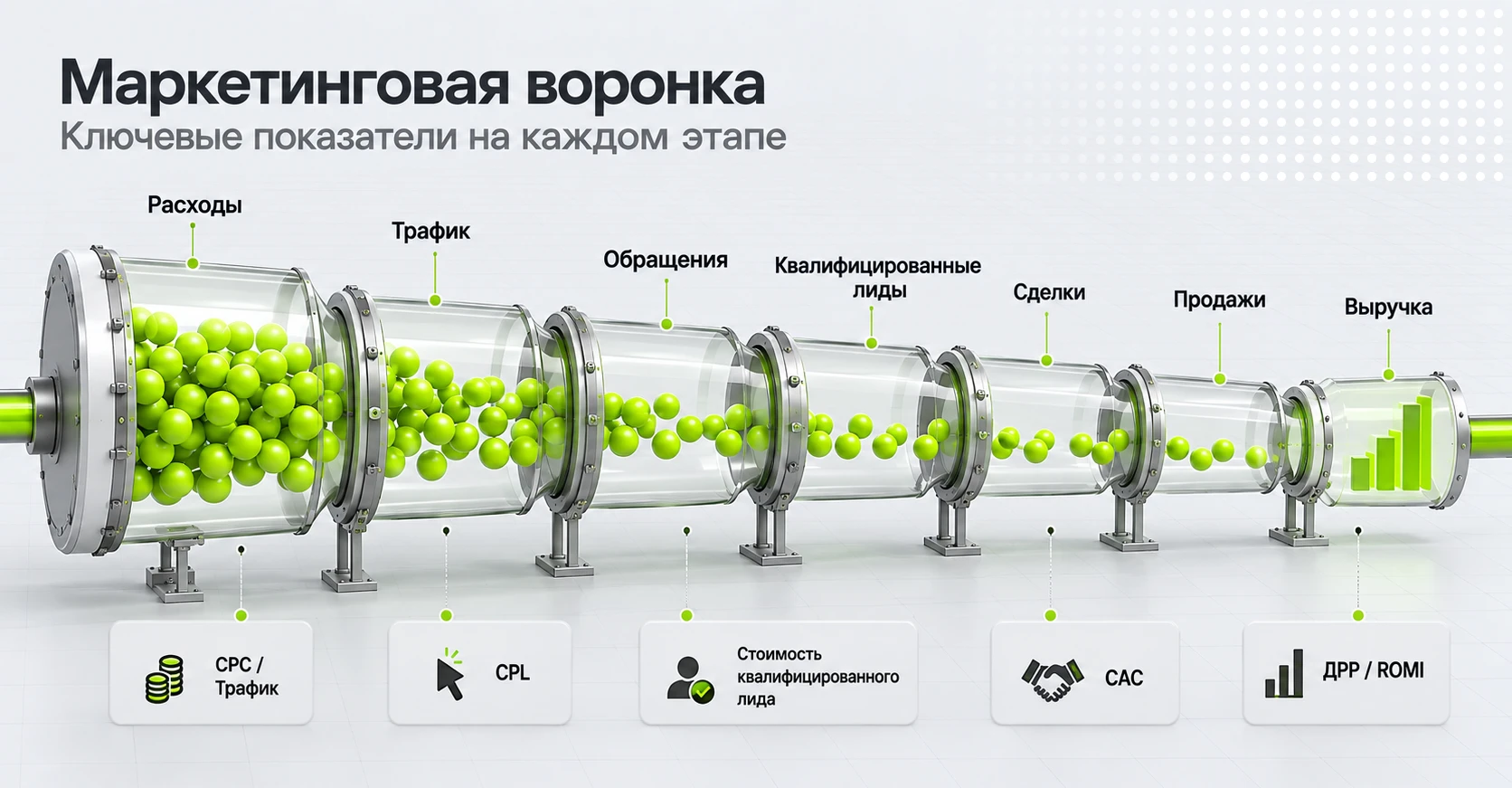 Маркетинговая воронка и ключевые показатели на каждом этапе