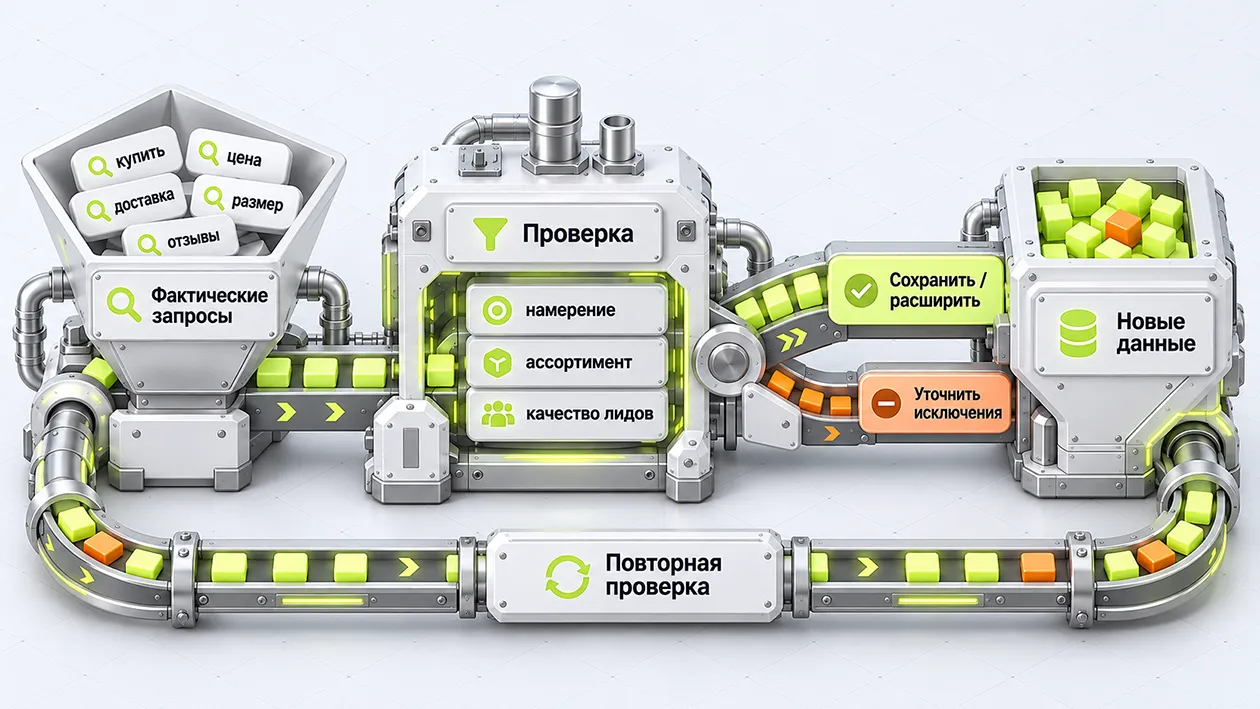 Изометрическая схема непрерывного анализа поисковых запросов после запуска рекламы: проверка намерения, ассортимента и качества лидов, сохранение подходящего спроса, исключение неподходящего и повторный анализ