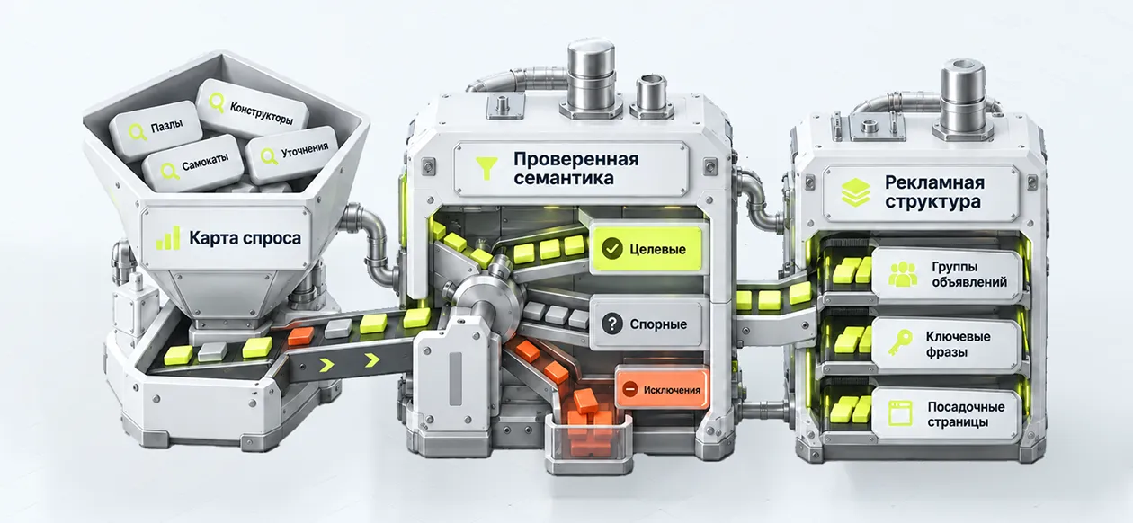 Изометрическая схема обработки поискового спроса: товарные категории проходят проверку релевантности, после чего целевые запросы распределяются в рекламную структуру