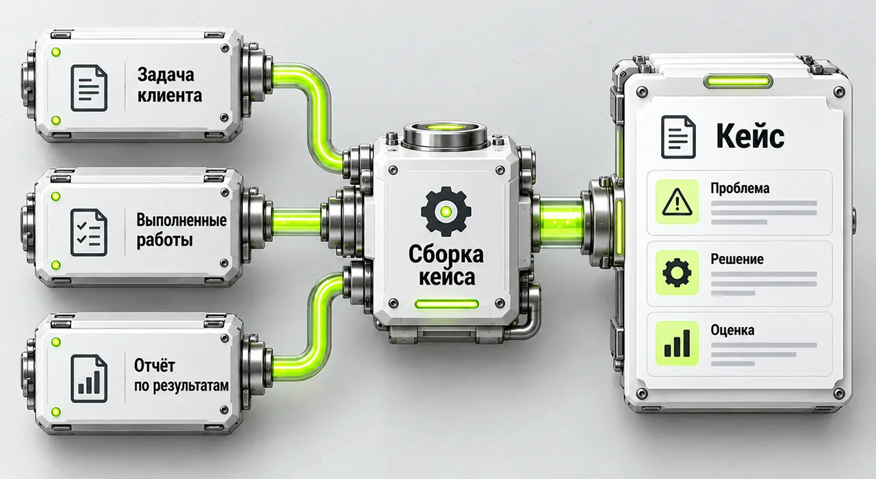 Формирование содержательного кейса из задачи клиента, выполненных работ и отчёта по результатам с выделением проблемы, решения и способа оценки.
