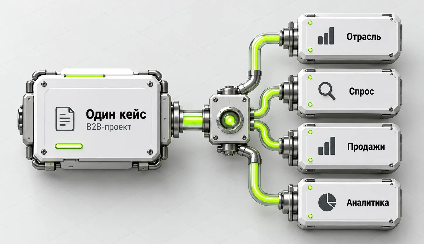 Один B2B-кейс содержит отраслевой опыт, особенности спроса, продаж и аналитики, которые могут отвечать на разные вопросы пользователей Алисы AI.