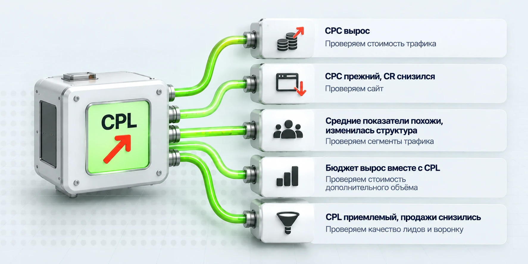Диагностика роста CPL: стоимость трафика, конверсия сайта, структура трафика, масштабирование и качество лидов