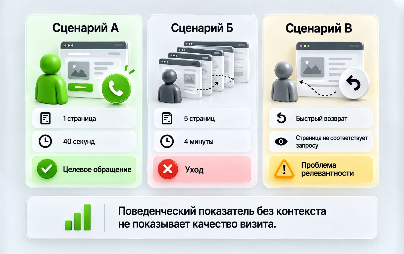 Три сценария поведения пользователей с разными бизнес-результатами: целевое обращение, уход и проблема релевантности.