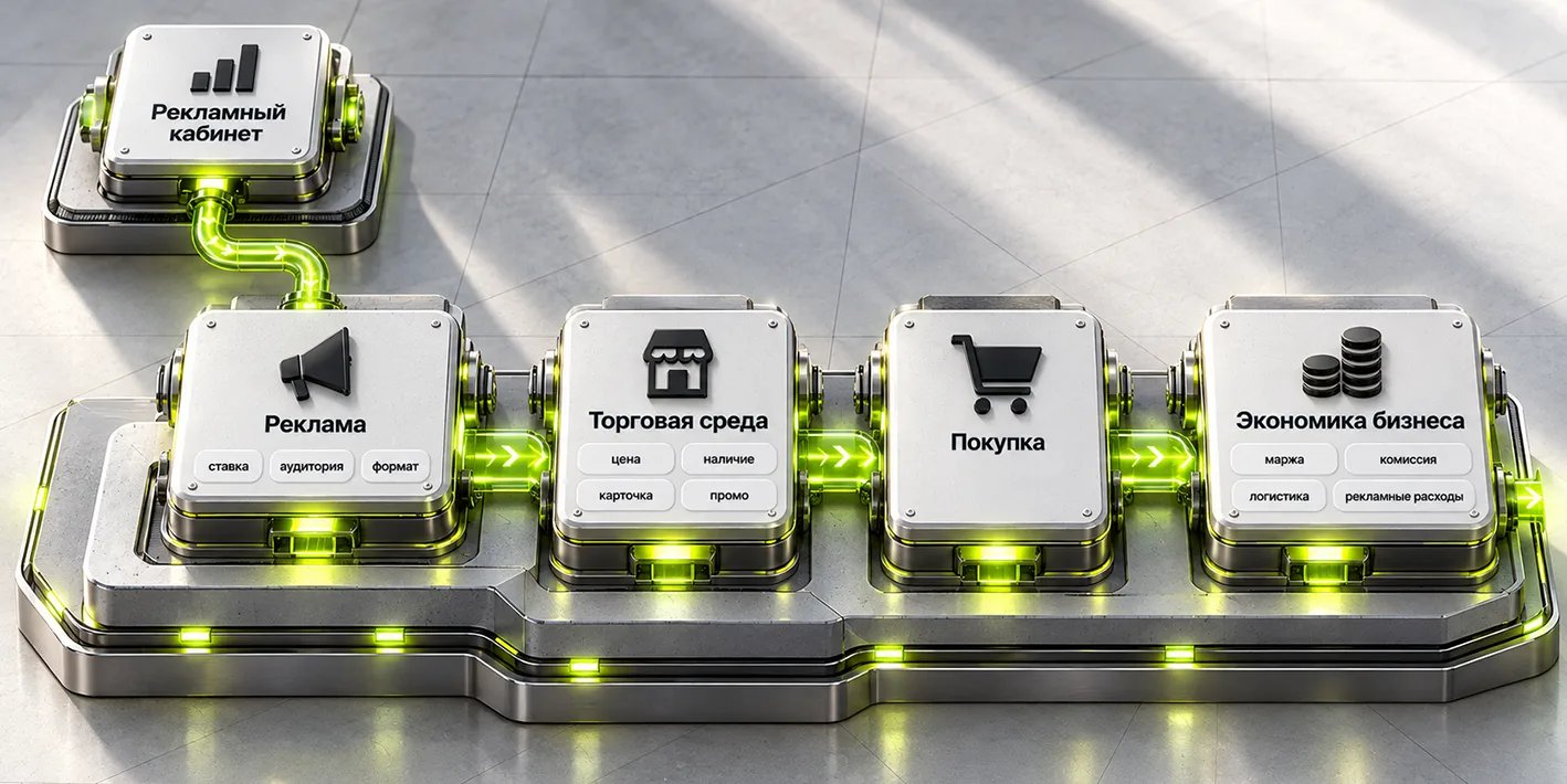 Цепочка формирования результата Retail Media от рекламы до экономики бизнеса