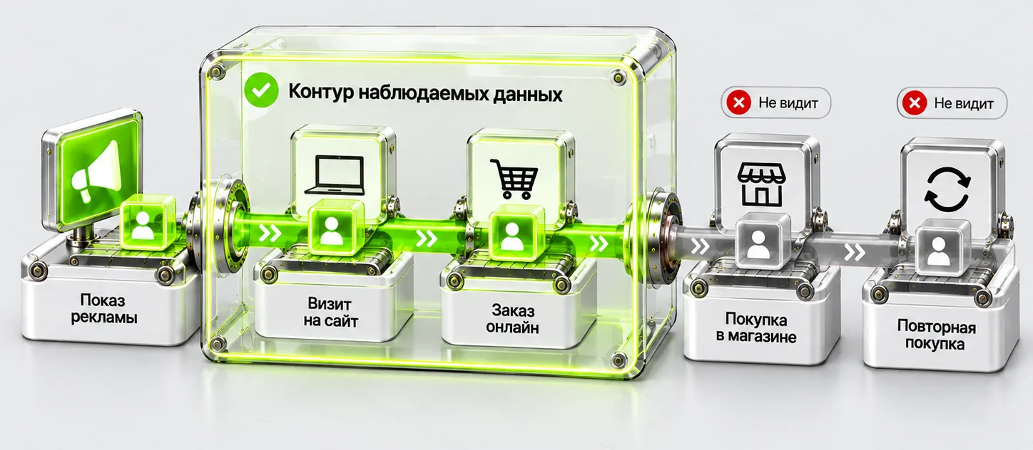 Контур наблюдаемых данных Retail Media с видимыми и невидимыми участками покупательского пути