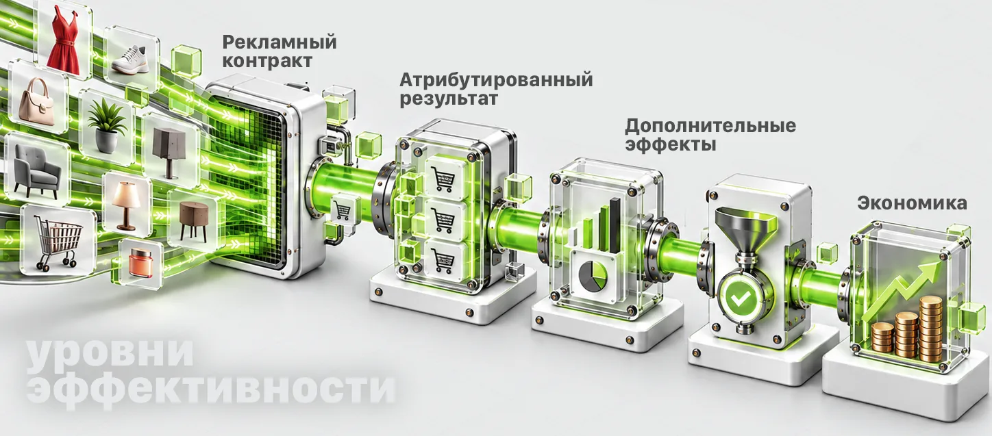 Четыре уровня эффективности Retail Media: рекламная доставка, результат по правилам измерения, причинный эффект и бизнес-ценность