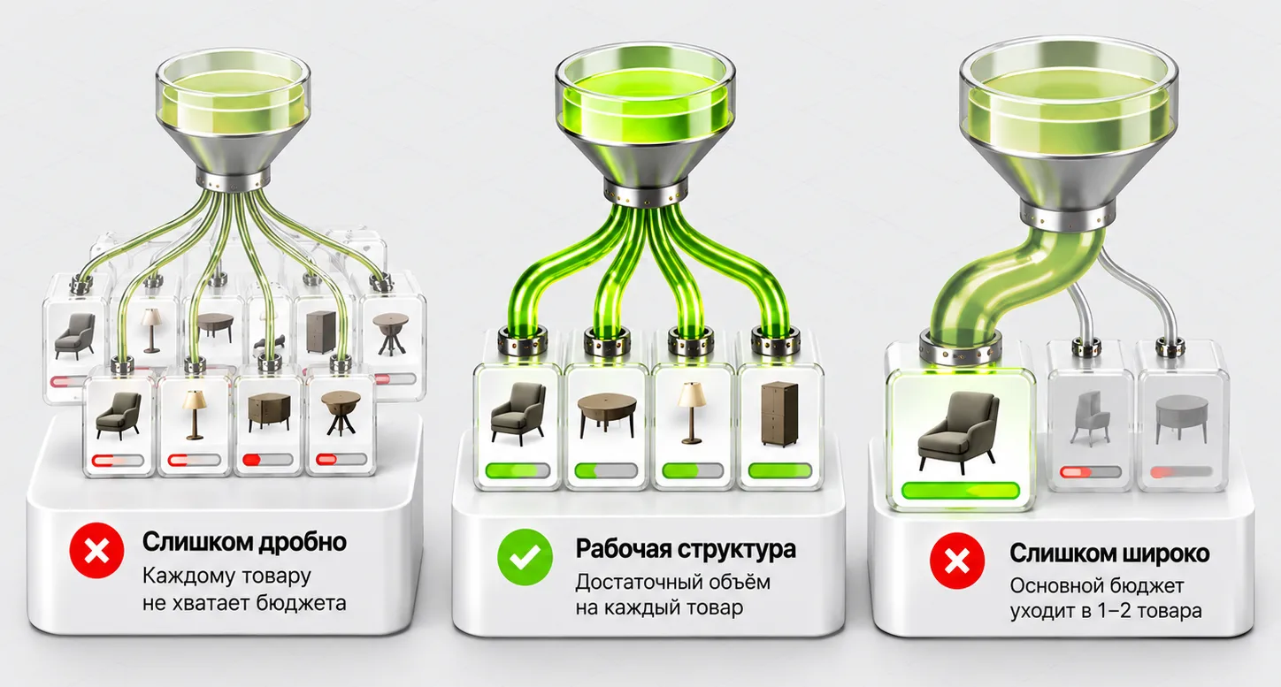Три варианта распределения бюджета между товарами в Retail Media-тесте