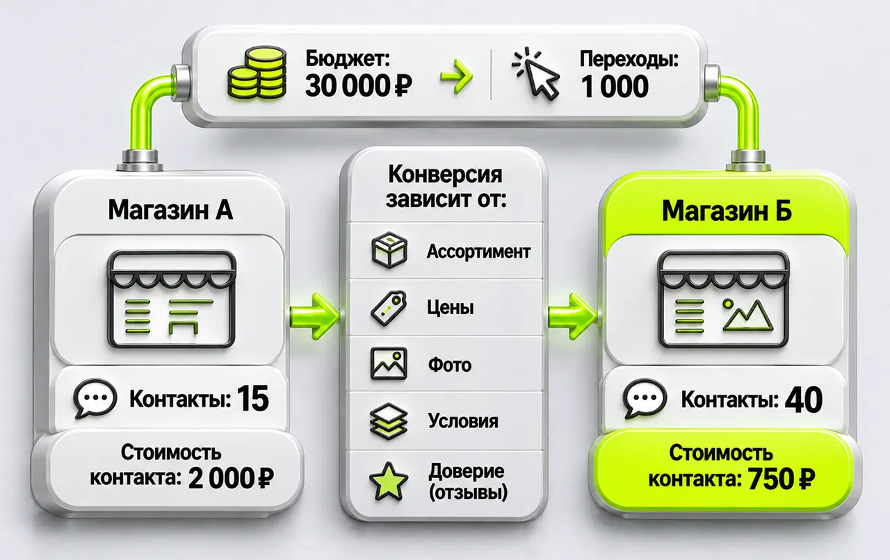 Два магазина с одинаковым бюджетом 30 тысяч рублей и тысячей переходов получают 15 и 40 контактов