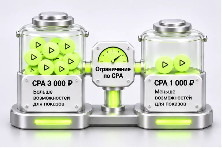 Два режима целевой стоимости заявки: CPA 3 000 ₽ даёт больше возможностей для показов, CPA 1 000 ₽ ограничивает участие в рекламном аукционе.