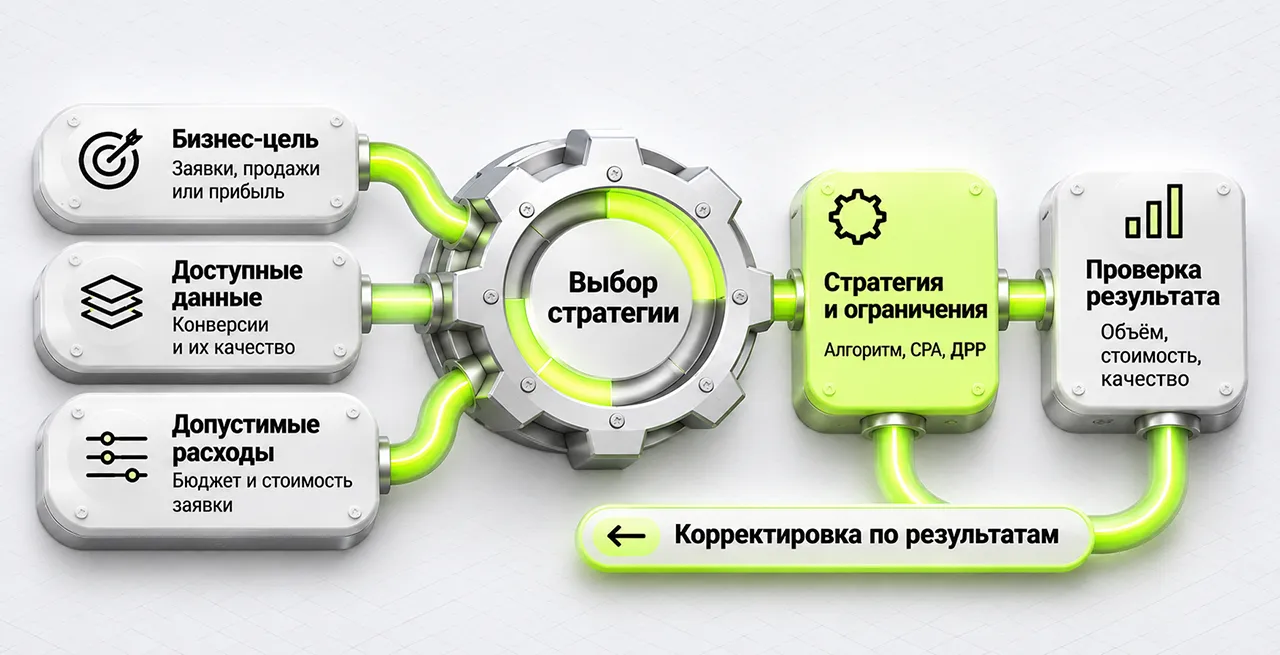Схема выбора стратегии Яндекс Директа: бизнес-цель, доступные данные, допустимые расходы, стратегия и ограничения, проверка результата. Обратная связь показывает корректировку стратегии после анализа результатов.