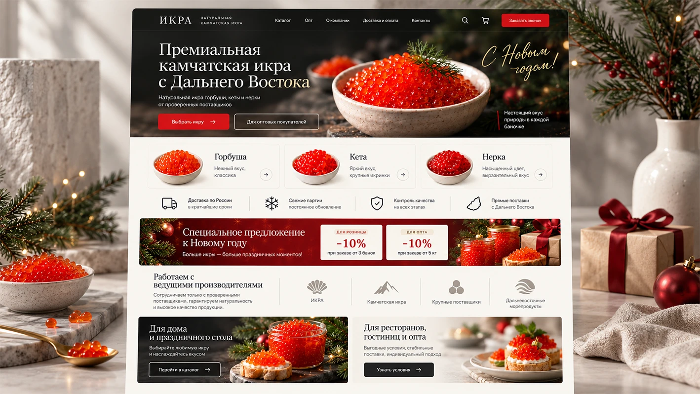 Главная страница интернет-магазина красной икры с ассортиментом для розницы и опта